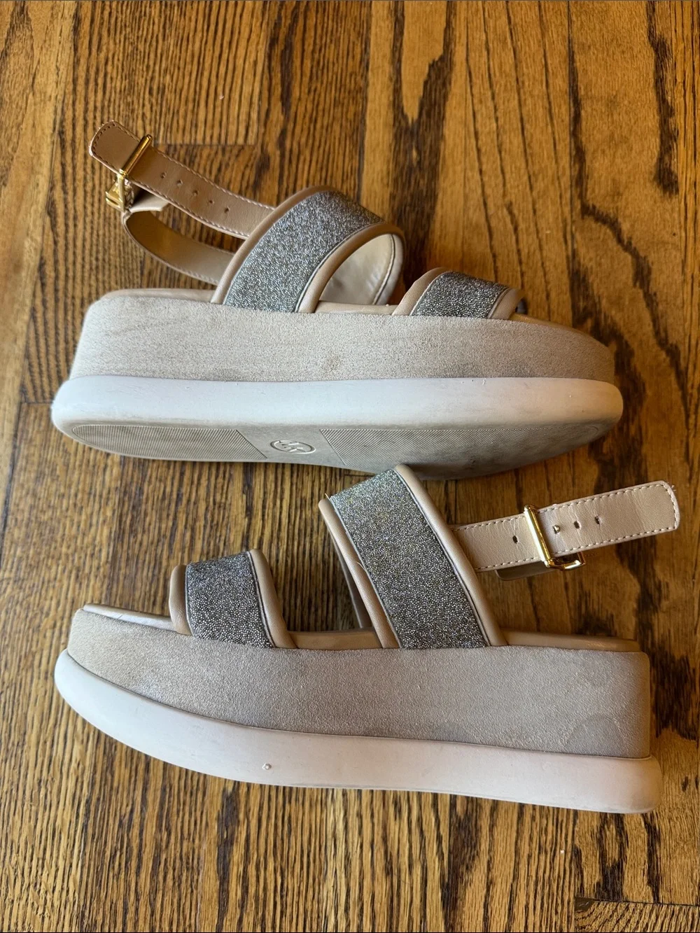 Michael Kors Presley Platform Sandal Tan Silver Glitter Sz 6